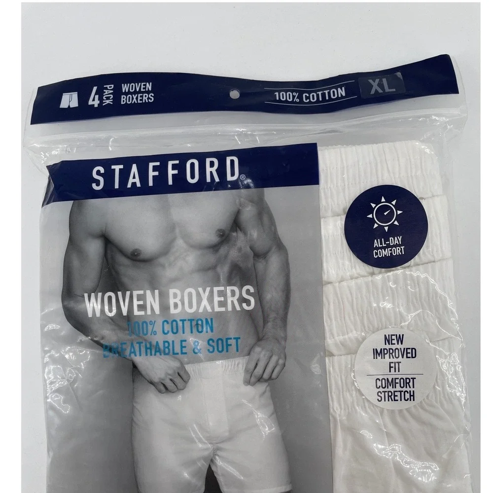 Stafford Mens 4 Pack Woven Boxers 100% Cotton White Comfort Stretch XL Button